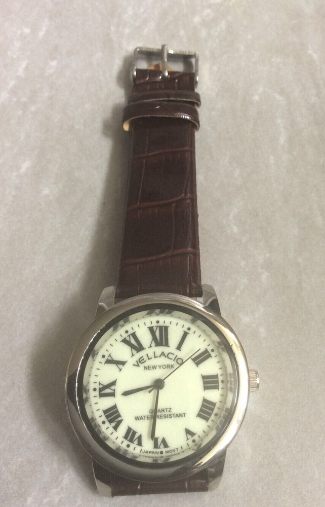 Vellacio Men’s Watch Round GLOW Dial Arabic Hours on a Brown Leather Band New!