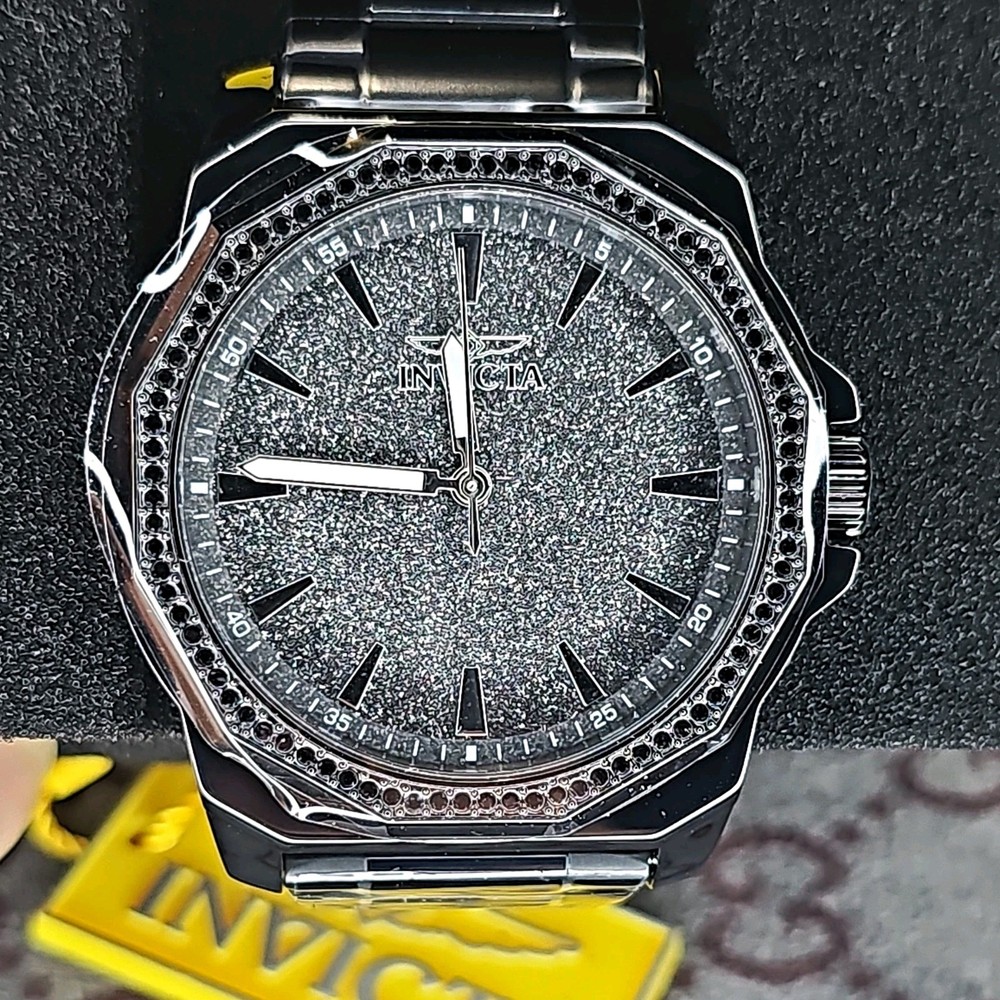 Invicta Speedway Quartz Octagon Watch Black SS Bracelet Glitter Dial 30m, Box