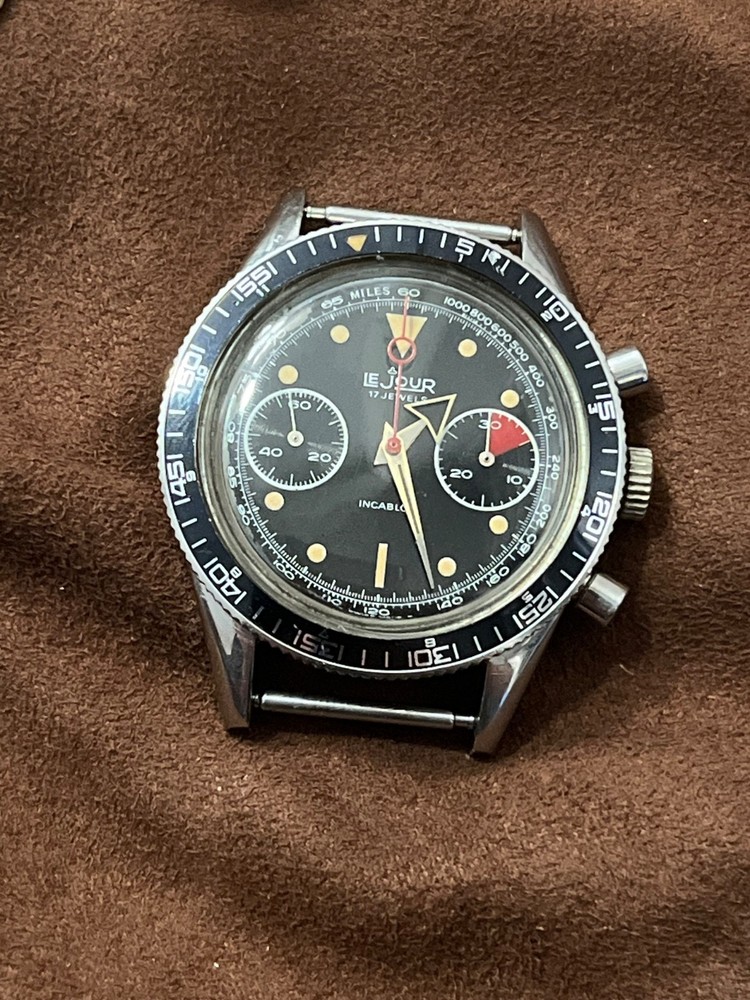 Rare vintage 60s Lejour Chronograph, broad hands, lollipop valjoux 7733