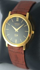 Beautiful Seiko Slim Round Black Dial Quartz Men’s Wristwatch Leather Band