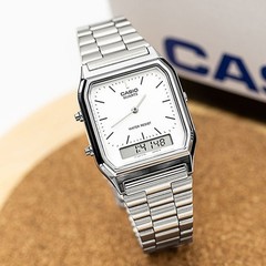 CASIO AQ-230A-7D Silver, Core White Dual time Stainless Steel Band Watch AQ230A