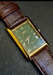 Vintage Seiko Slim Tank Mens Wristwatch Green Dial Japanese 90s Watch