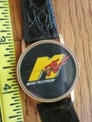 Vntg 90s MTV Watch Logo Yellow Red Reptile Pattern Black Leather Band Gold Case