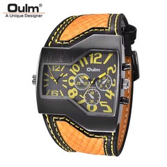 OULM Mens Leather Watch Dual Time Zone Quartz Large Dial Everyday Wear Gift Idea