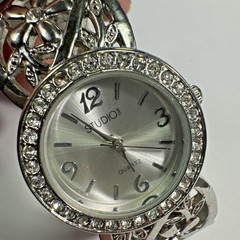 Studio Time Watch Women Open Cuff New Battery ICED OUT Silver Floral Flowers
