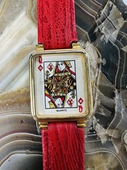 Vintage Queen of Diamonds Watch Women Gold Case Red Leather Band Needs Battery