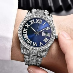 Blue Watch Simulated Diamond Luxury Iced Cuban Chain Hip Hop Necklace Bracelet
