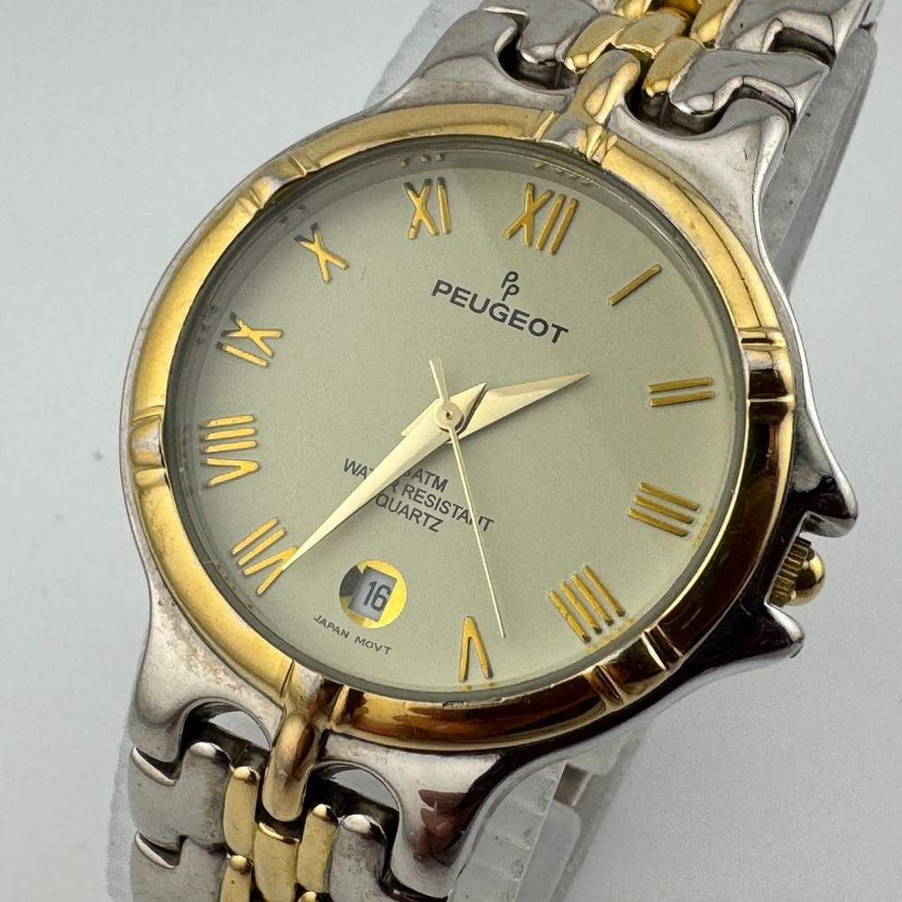 Peugeot Quartz Watch Men 30m Dual Tone Date Roman Japan Analog New Battery 7.5″