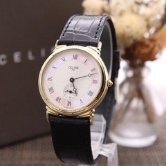 CELINE H2903-3 30mm Quartz Watch Gold Two-Tone Black Leather Strap Pre-owned