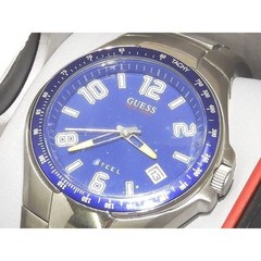 GUESS Steel Quartz Watch Date Blue Dial Silver SS Men s Round Diver I80229G2 8C
