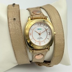 Ladies LA MER Collections Double Wrap Brown/Beige Leather, Gold Tone Watch, Runs