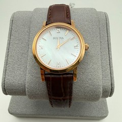 Bulova 97P105 Women’s Quartz Diamond Accents Gold Brown Leather 27mm Watch NEW