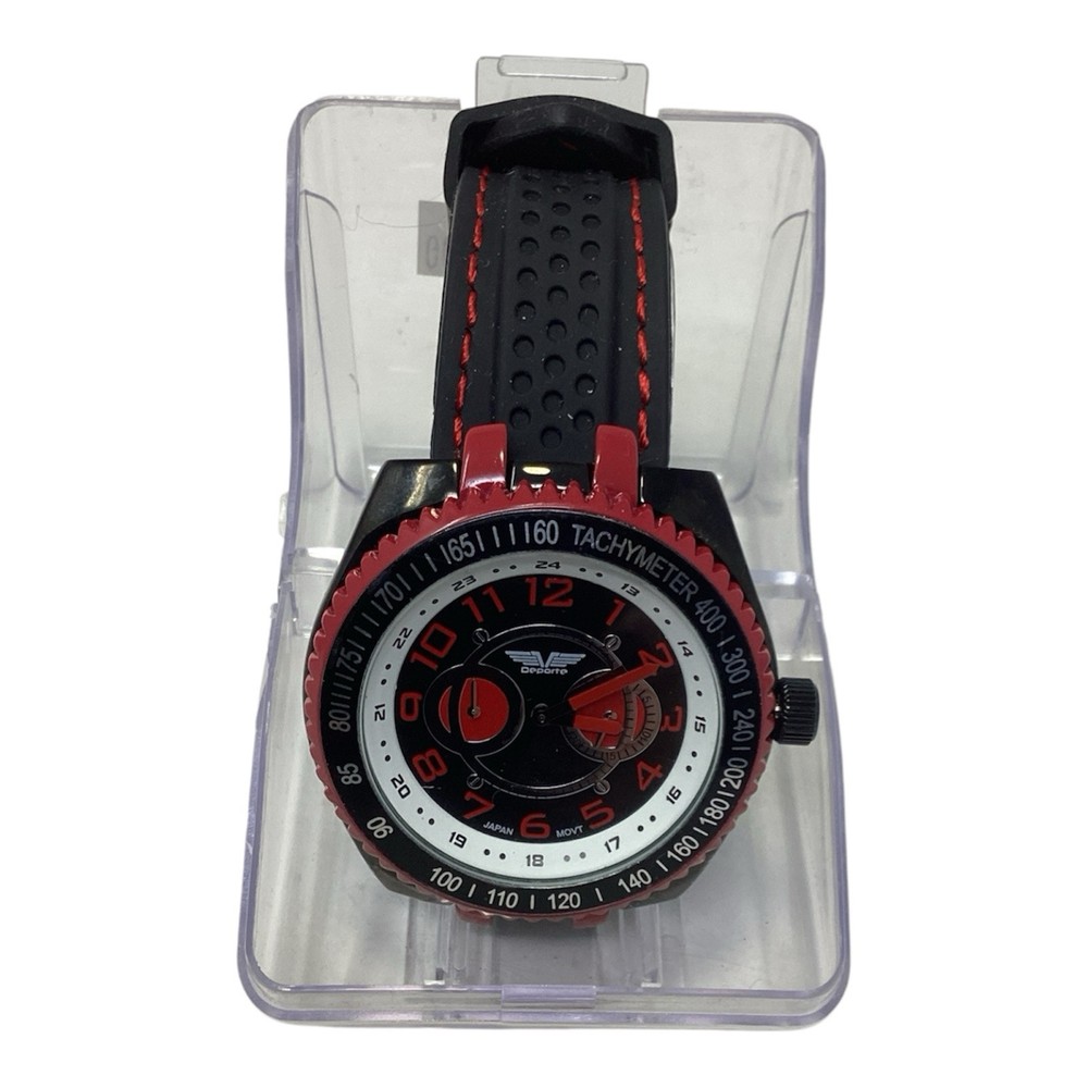 Deporte No. 9683 Tachometer Watch Black Band Red Trim Large Face Needs Battery