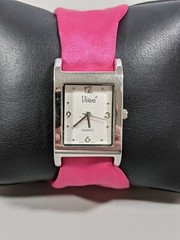 Vivani Silver Tone Dial Square Case Pink Silk Band Watch 9 Inch