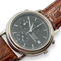 Seiko Pulsar Chronograph Watch 37mm Brown Croco Leather Dark Gray Dial