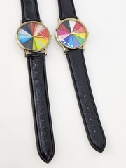 2X Unisex Watch 38MM Rainbow Dial Black Faux Leather Bands New Battery
