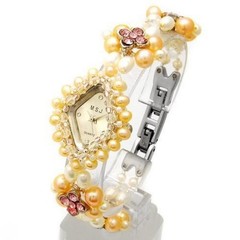 MSJ Quartz Watch NOS Pink White Freshwater Pearl Crystal Diamond Shape Geometric