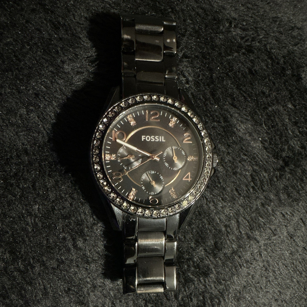Fossil Women’s Black Stainless Steel Analog Quartz Watch Crystal Bezel 38mm