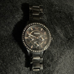 Fossil Women’s Black Stainless Steel Analog Quartz Watch Crystal Bezel 38mm