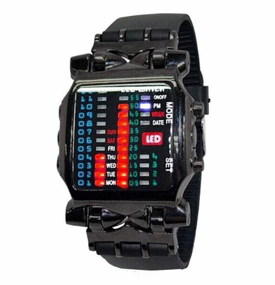 Fashion Cool Creative Funky Watch Black Men Boys PU Rubber Band Colorful LED
