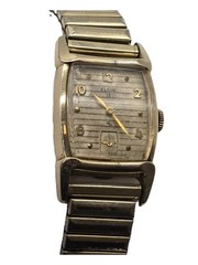Elgin 19j 10k Gold Fill Pinstripe Dial Wind Up tank Watch w 10k Gf band deco