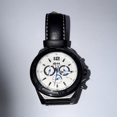 B&H Men’s Quartz Chronograph Wristwatch Date, White Dial, Black Leather Band