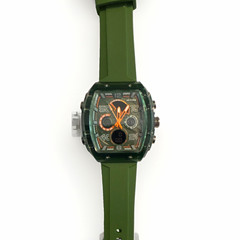 Activa Men Quartz Analog Chronograph Date Black Dial Green Silicone Strap 3ATM