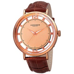 New Men’s Akribos XXIV AK860RGBR Rose-tone Transparent Dial Brown Leather Watch
