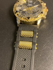 Zhowe Gold Tone Watch Black Dial Faux Chronograph Black Rubber Band New Battery