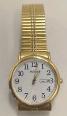 vtg Pulsar Man’s Wrist Watch w/date Gold Band & White Dial #VX33-X079 Japan (B1)