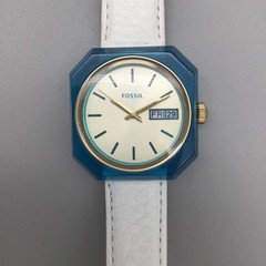 Fossil Candy Watch Unisex 35mm Blue Octagon White Leather Day Date New Battery