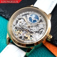 Mens Gold Silver Dual Time Skeleton Automatic Mechanical Watch White Strap