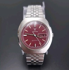 Vintage Croton Burgundy Aquamatic Date Day Stainless Steel Swiss Watch READ