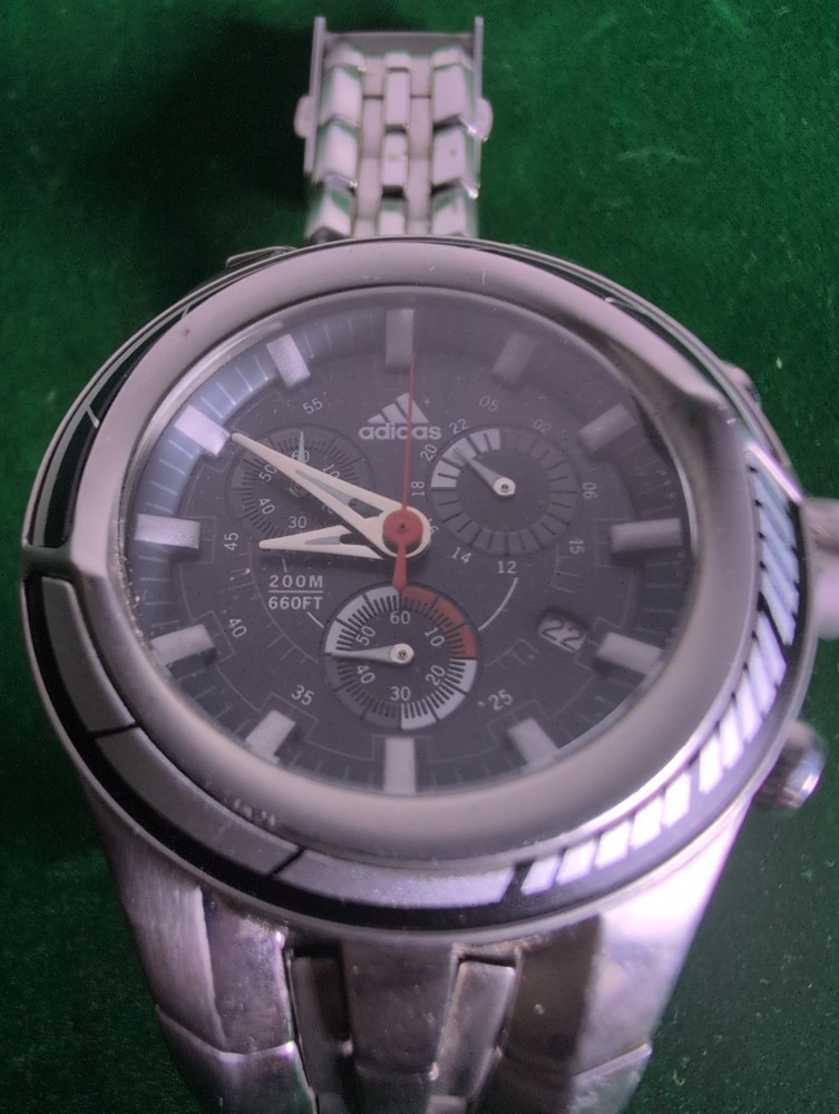 Adidas Adi-Star-Pro Mens Chronograph Watch 42mm Silver Tone Blue New Battery 10″