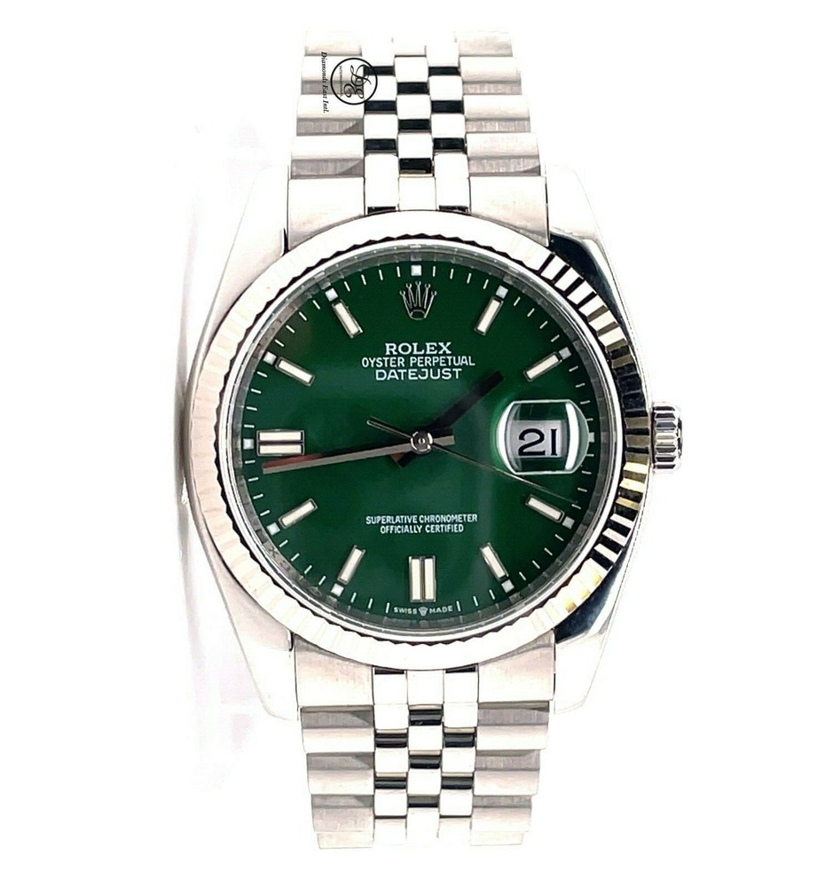 Rolex Datejust 116234 18K White Gold Bezel Green Dial Jubilee Steel Watch *MINT*