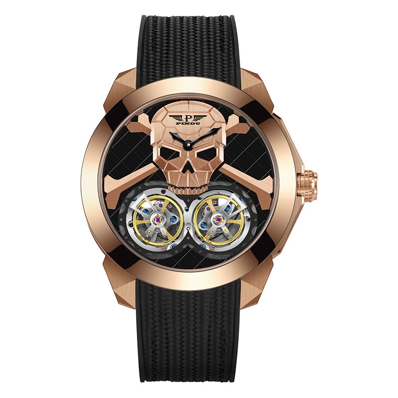 PINDU Men’s Double Tourbillon Mechanical Watch Skull Design Diamond Bezel 5ATM
