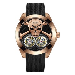 PINDU Men’s Double Tourbillon Mechanical Watch Skull Design Diamond Bezel 5ATM