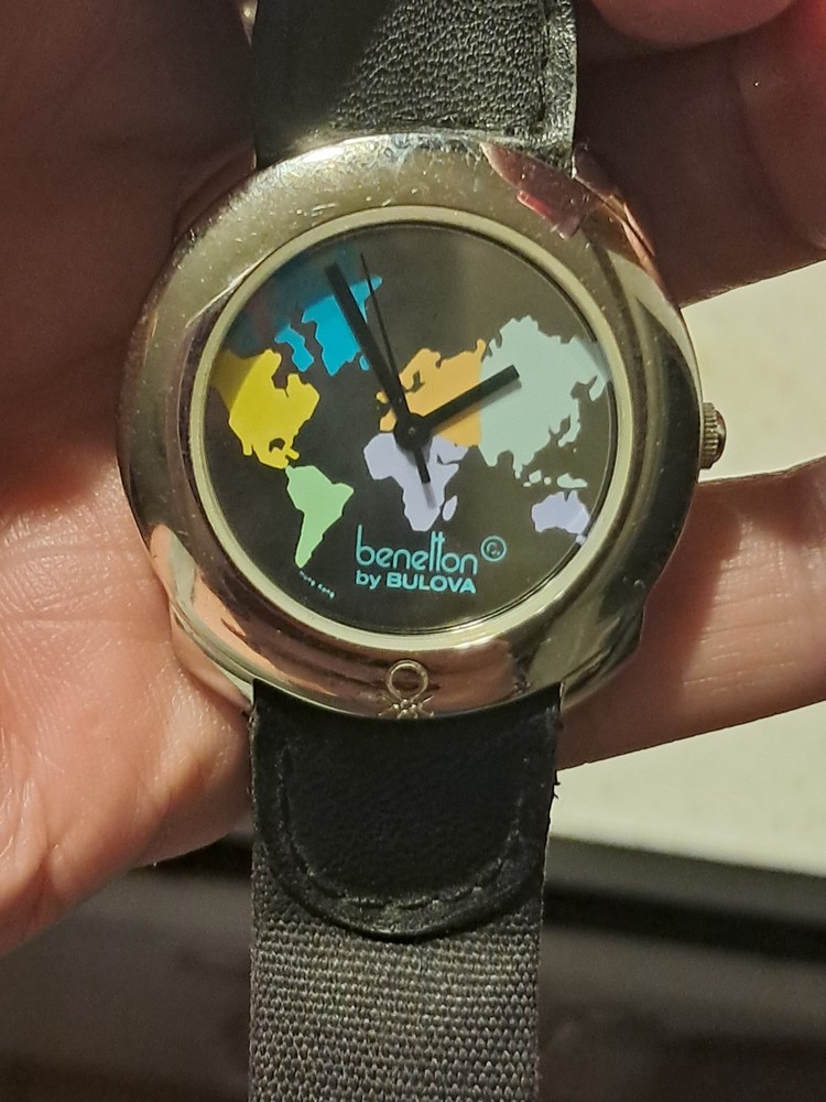 Bulova Benetton World Map Dial Quartz Analog Wristwatch Black Leather Strap