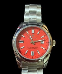 AKNIGHT Men’s Silver-Tone Watch with Striking Red Dial, Date Display, Japan
