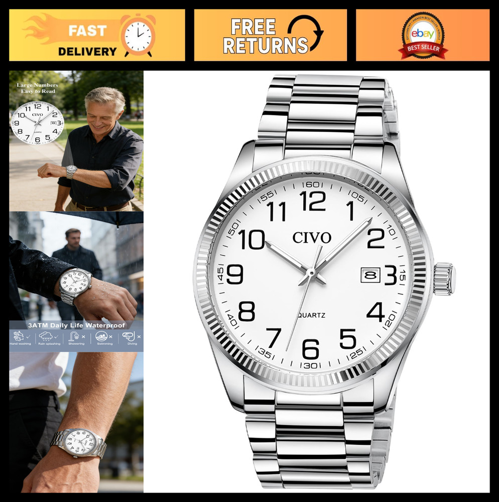 Stylish Silver Analog Watch for Men – Stainless Steel Dress Wrist Watch with Dat