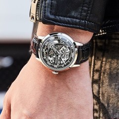 OUPINKE Luxury Men Skeleton Leather Transparent Sapphire Waterproof Watch 40mm