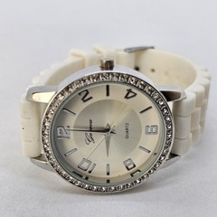 36MM Women Watch Gray Dial Crystal Accents White Plastic Bands New Battery