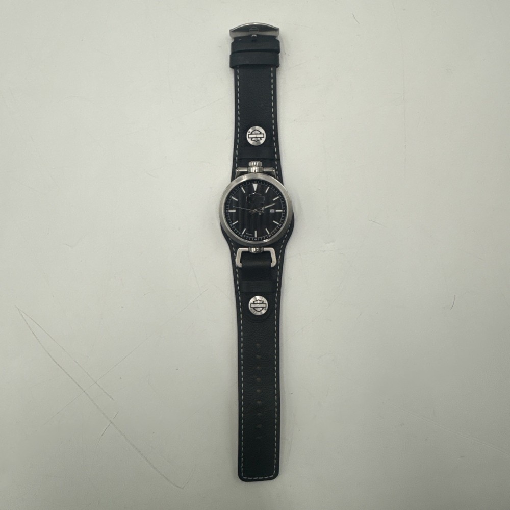 BULOVA HARLEY DAVIDSON 76B185 ROTATING CASE LEATHER CUFF WATCH – NEW BATTERY