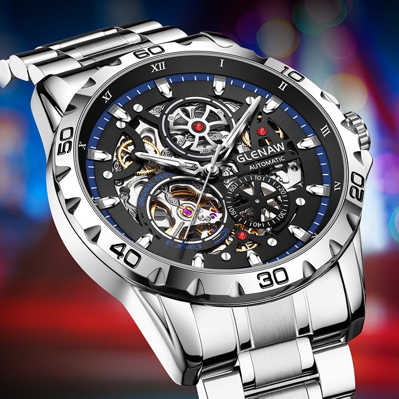 GLENAW Steampunk Skeleton Men’s Watch Ring Luxury Automatic Mechanical Watches