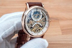 Mens Dual Time Flywheel Automatic Mechanical Watch Rose Gold White Dial Brown