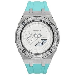 Moissanite G-Shock Custom GA2100 White Dial Casioak Turquoise Rubber Band Dual B