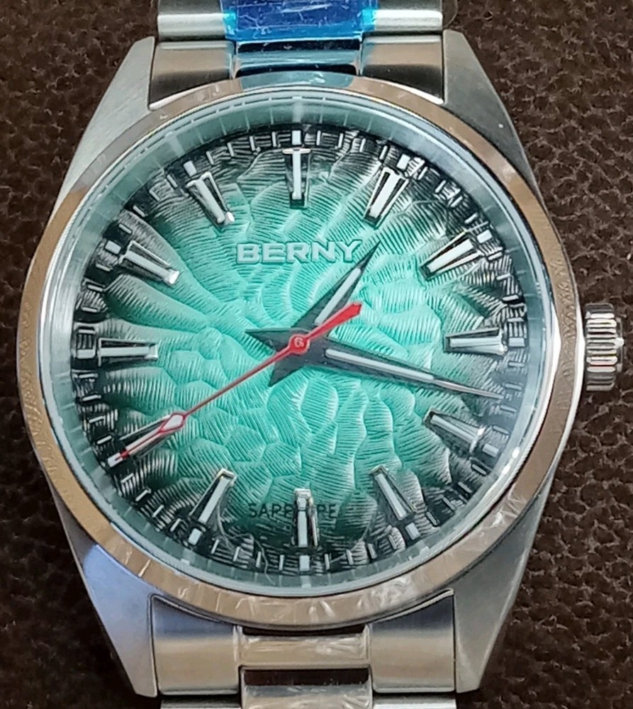 BERNY 2954M Miyota Quartz Luxury Men Lume Sapphire 100M Fume Blue 38mm Watch