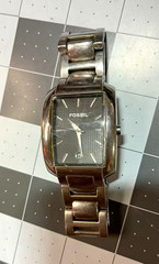 Fossil FS-4009 Rectangle Tank Watch Men Grey Textured Dial Date Stainless Steel
