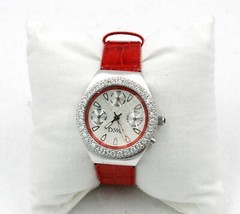 Women’s DMQ Chronograph Watch Red Leather Crystal Accents ~ Good Condition