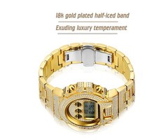 18K Gold IPS Plated LED Digital Hip Hop Bling Ice out Mens Watch Iced Cz Diamond